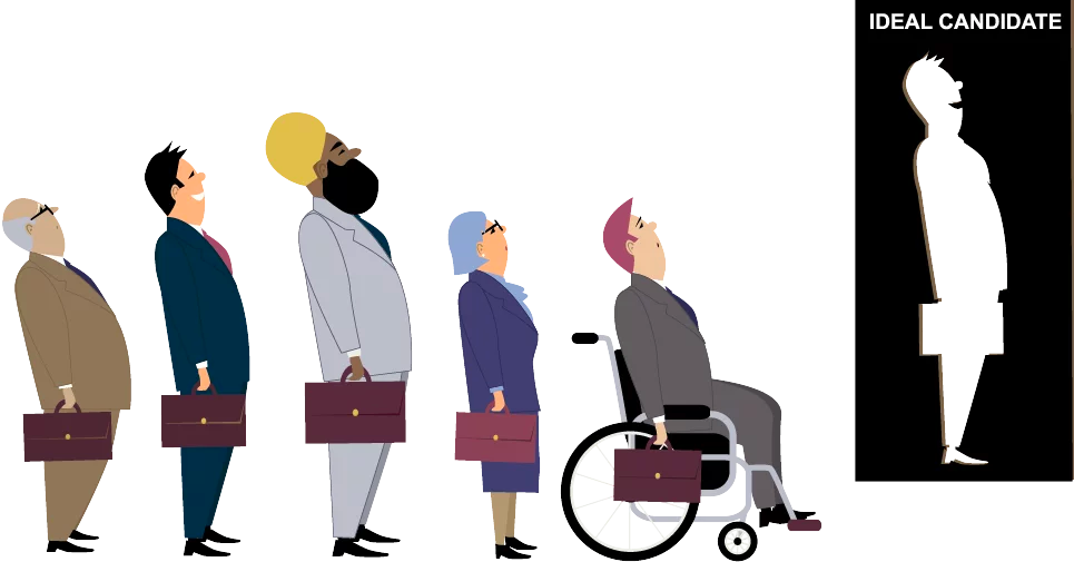Illustration showing a diverse group of people looking up at a graphic of the Ideal Candidate
