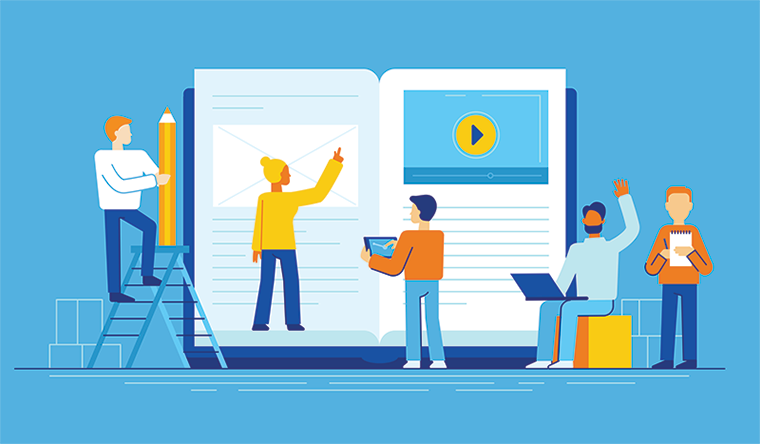 Vector illustration in flat style - online education concept - small people studying near big tablet pc with e-book and online course