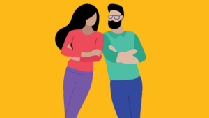 Illustration of a couple leaning on each other on a yellow background