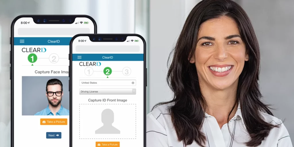 Woman smiling next to a mobile view of ClearStar Mobile Background Screening's drivers license capture screen