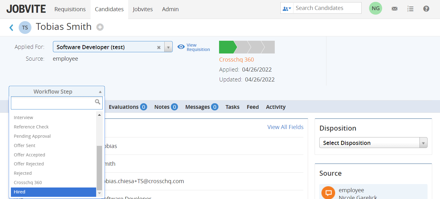 Screenshot of the Jobvite and Crosschq integration