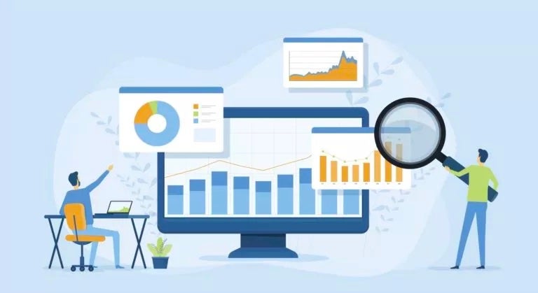 Illustration of charts and graphs with cartoon people pointing at the data