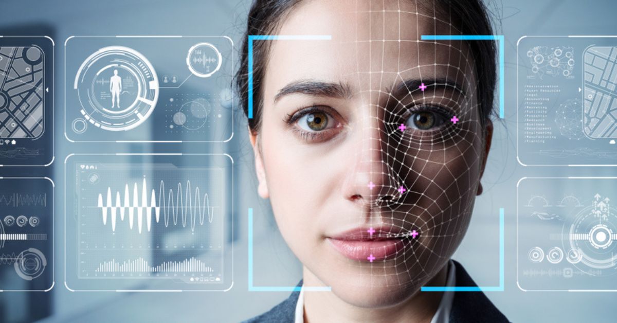 Professional woman with technical analytics graphics superimposed over her face