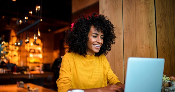 smiling businesswoman cafe