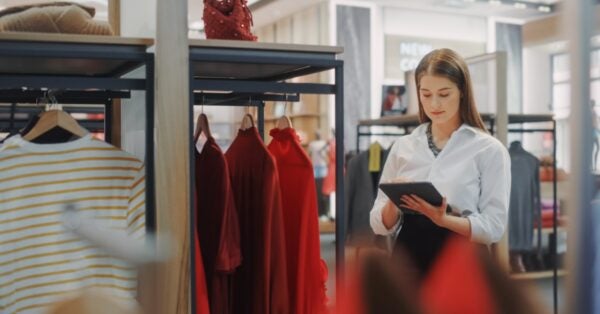 Female retail store manager using tablet among inventory