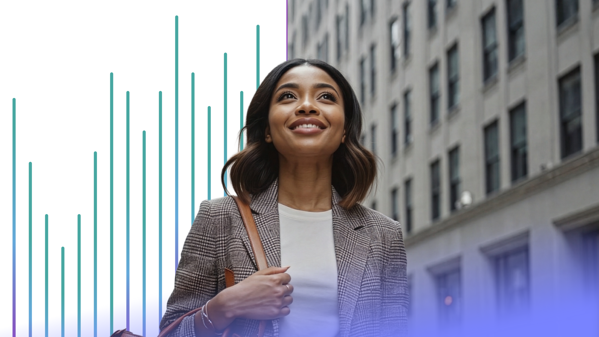 A woman walking down the street is smiling, looking up at the sky, and carrying her purse. She is wearing a blazer and other work attire.